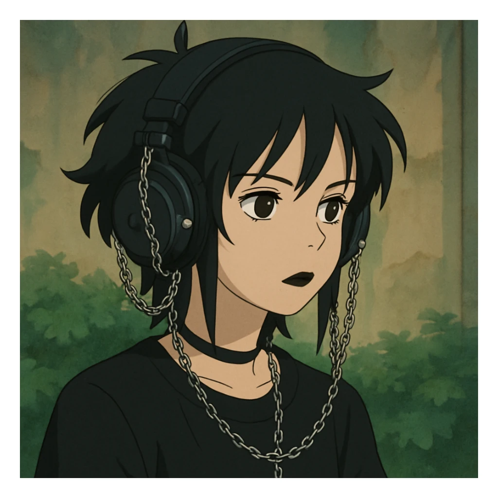 goth headphones, black with chains, ghibli style sticker