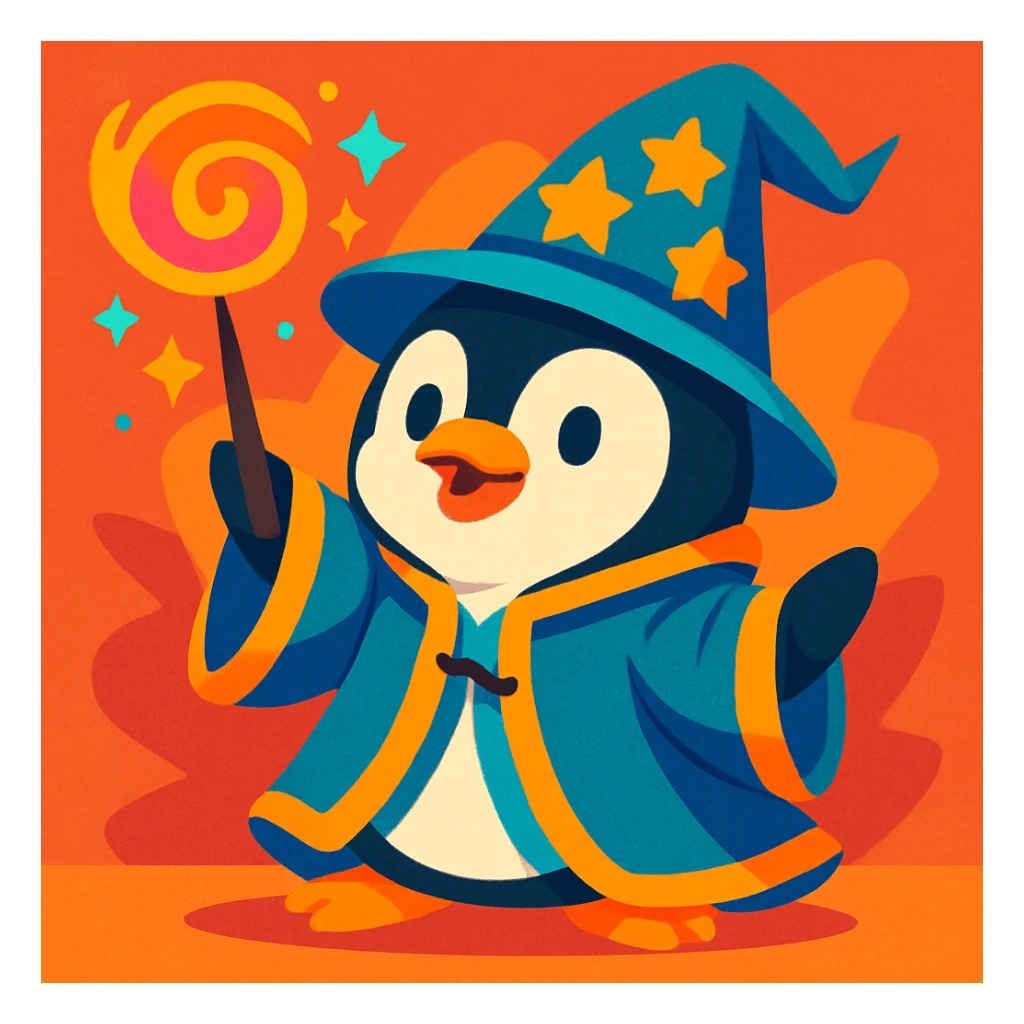 cute penguin wizard casting a spell, wearing a robe and holding a wand, colorful cartoon style, vibrant toon style sticker