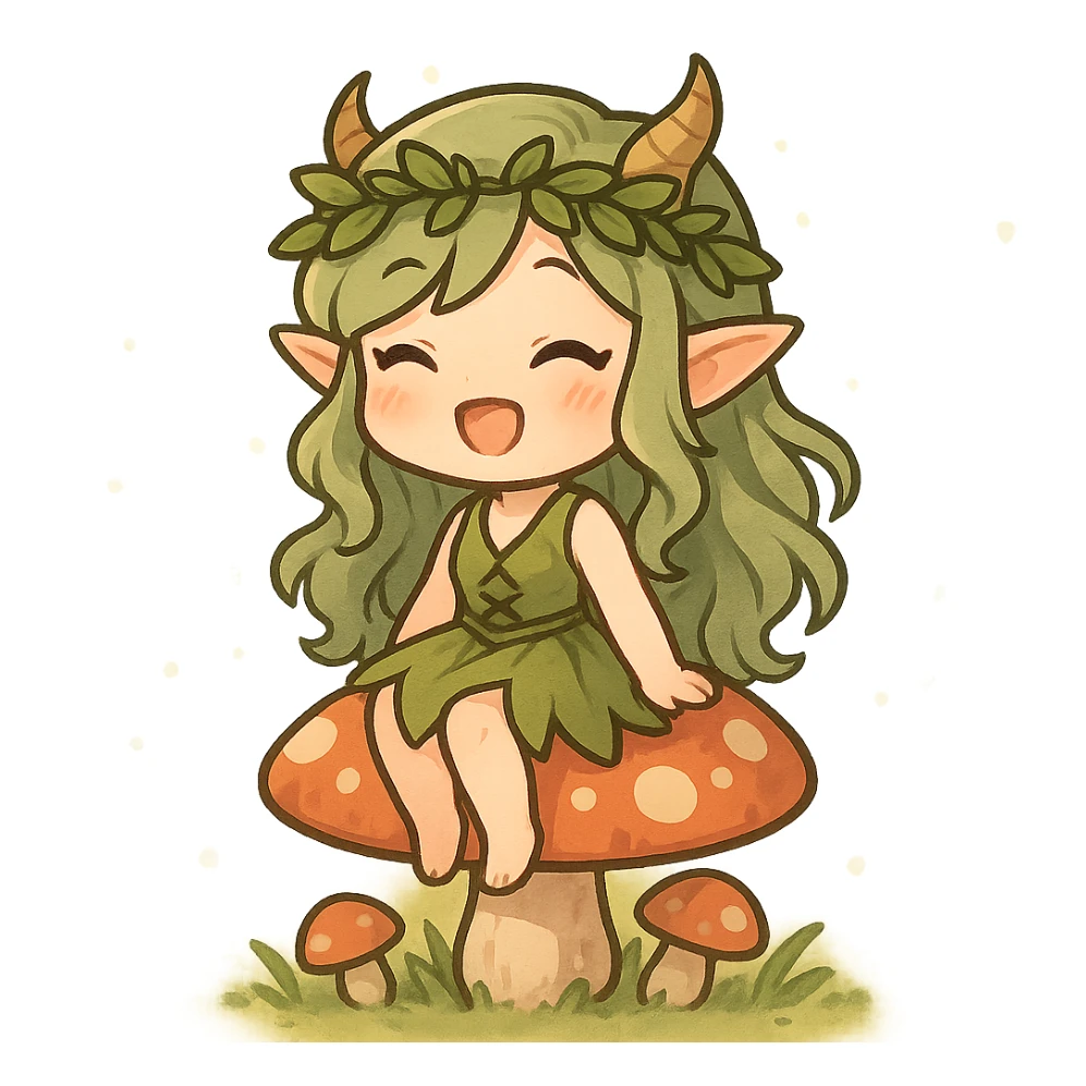 chibi forest nymph with a joyful expression, sitting on a mushroom, magical forest background sticker