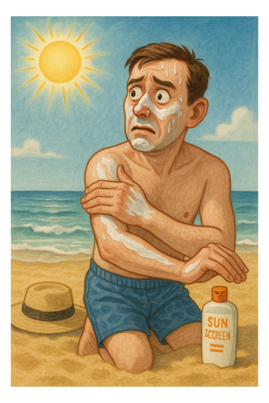 uomo a mare che si mette la crema solare perchè ha paura del sole sticker