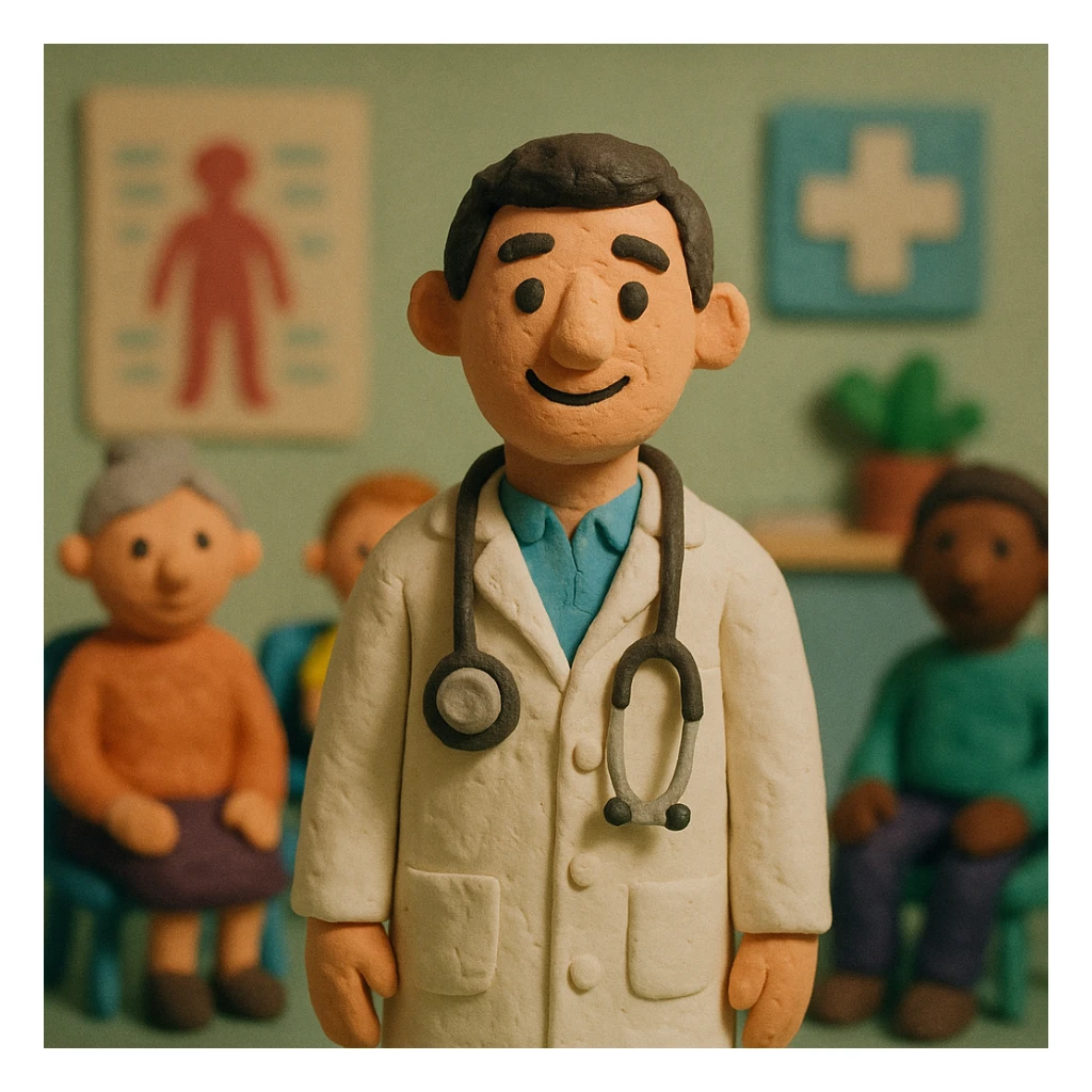 A friendly doctor standing in a busy doctors surgery with patients in the background sticker