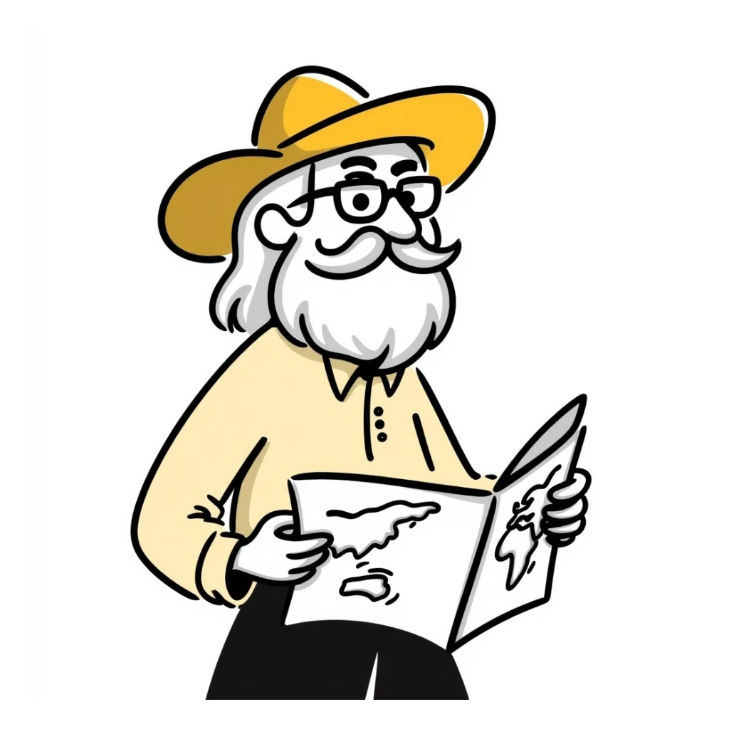 An elderly man with white hair and beard, wearing glasses and a yellow explorer hat sticker