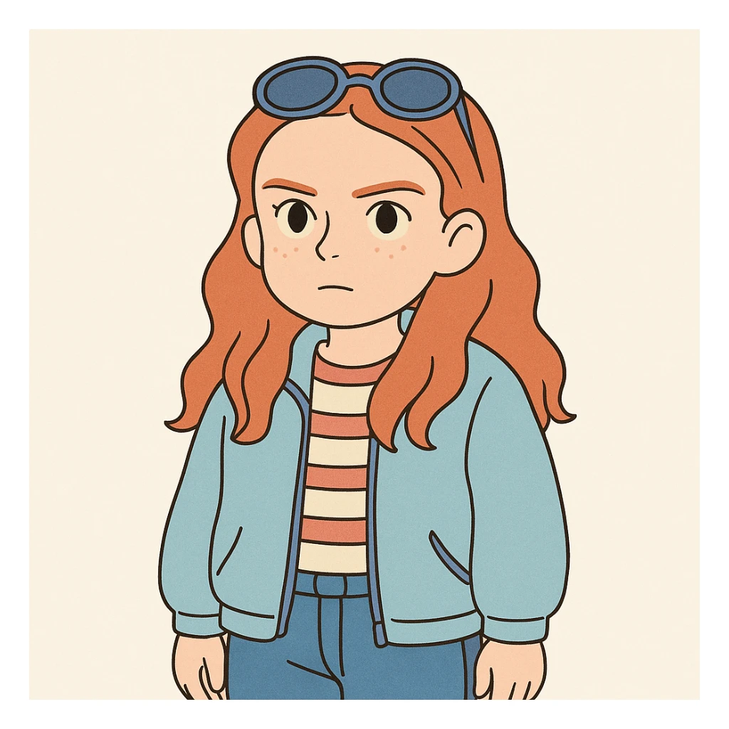 Create a character of Max Mayfield from Stranger Things inspired by the provided reference image. Use a simple line style with thick outlines, colored in light pastel tones, in the Ghibli style. Format the image in a 1:1 aspect ratio. sticker