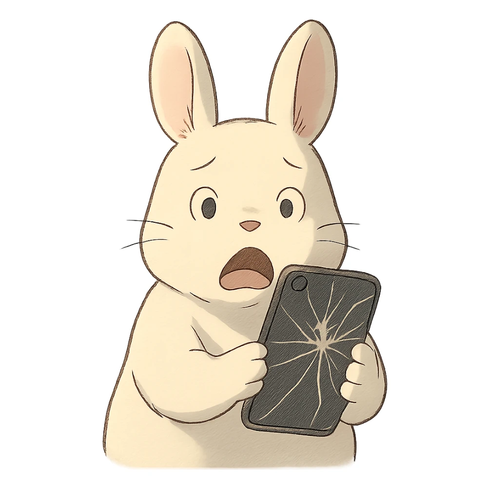 white bunny holding cracked phone with shocked face, soft ghibli style sticker