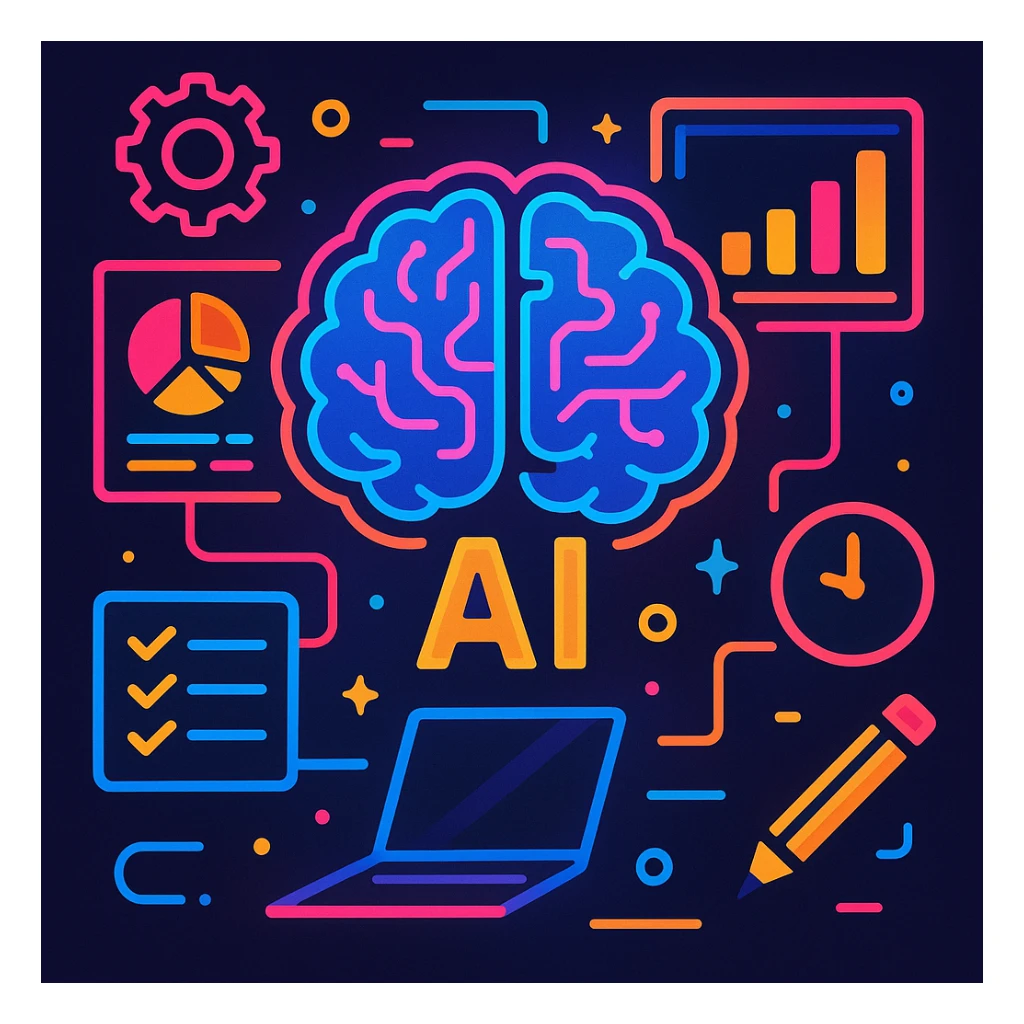 artificial intelligence, futuristic AI brain with multiple screens and tools, managing productivity, neon colors, modern illustration sticker