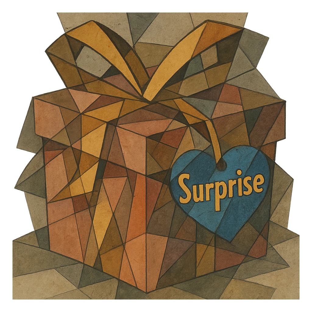 Recreate the blue heart-tagged pink gift in a cubist abstraction style, with the name 'Surprise' on the tag, no background. sticker