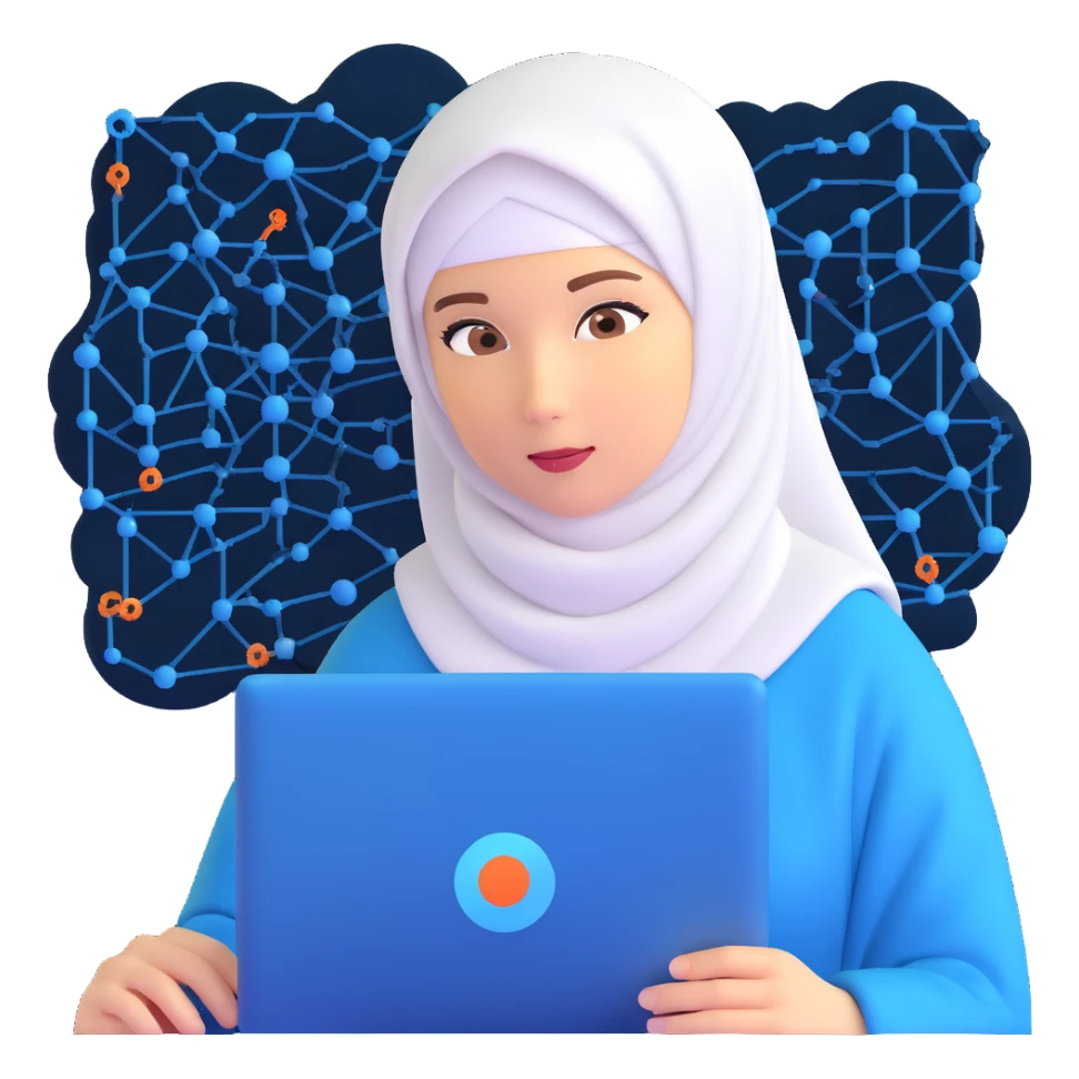 woman with white hijab in blue outfit, looking forward, with programming code, algorithms, binary data flows, software development tools, database structures, coding syntax highlighting, computer science symbols, and computing diagrams surrounding her sticker