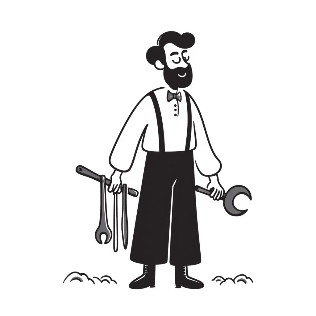 Victorian era English worker with tools, suspenders, boots, and rugged appearance from industrial revolution sticker