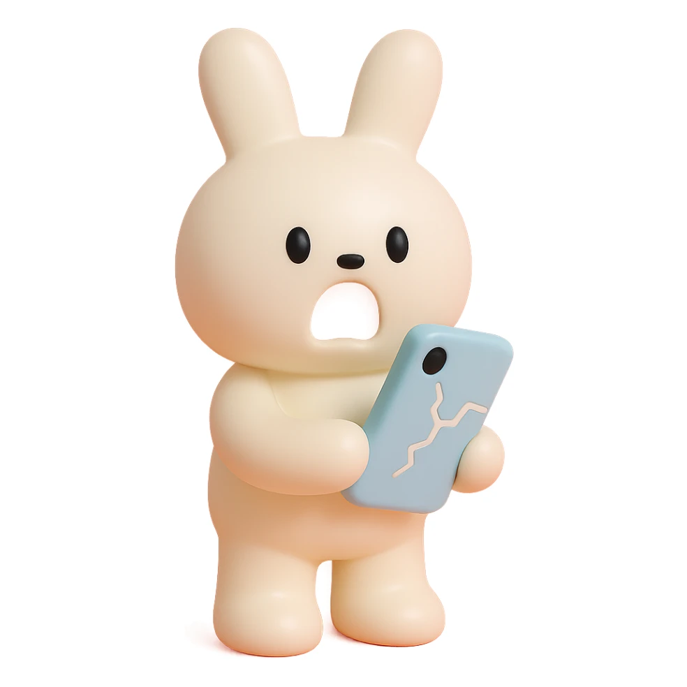 white bunny holding cracked phone with shocked face, vinyl figure style sticker