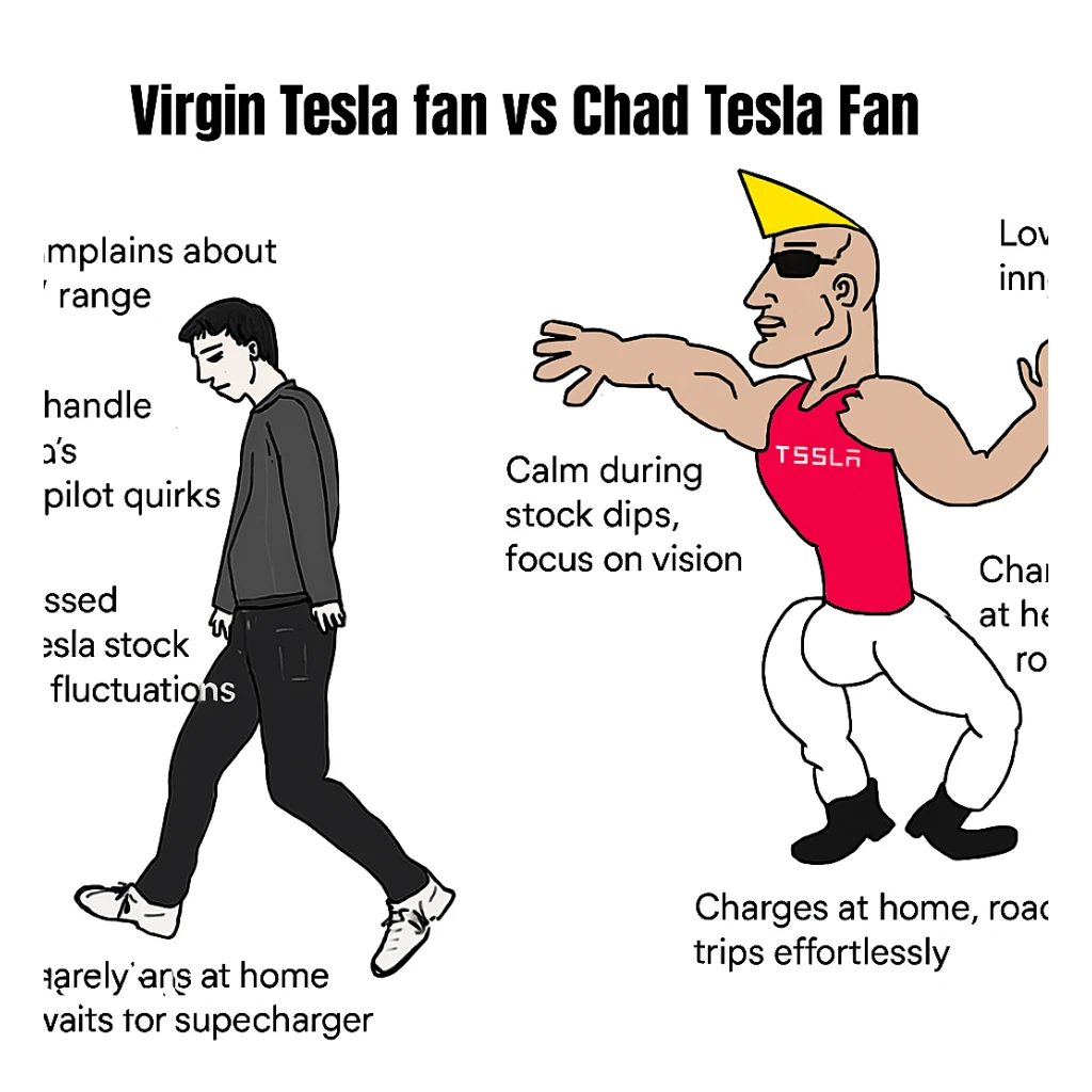 make virgin vs chad meme on tesla fan in above style  sticker
