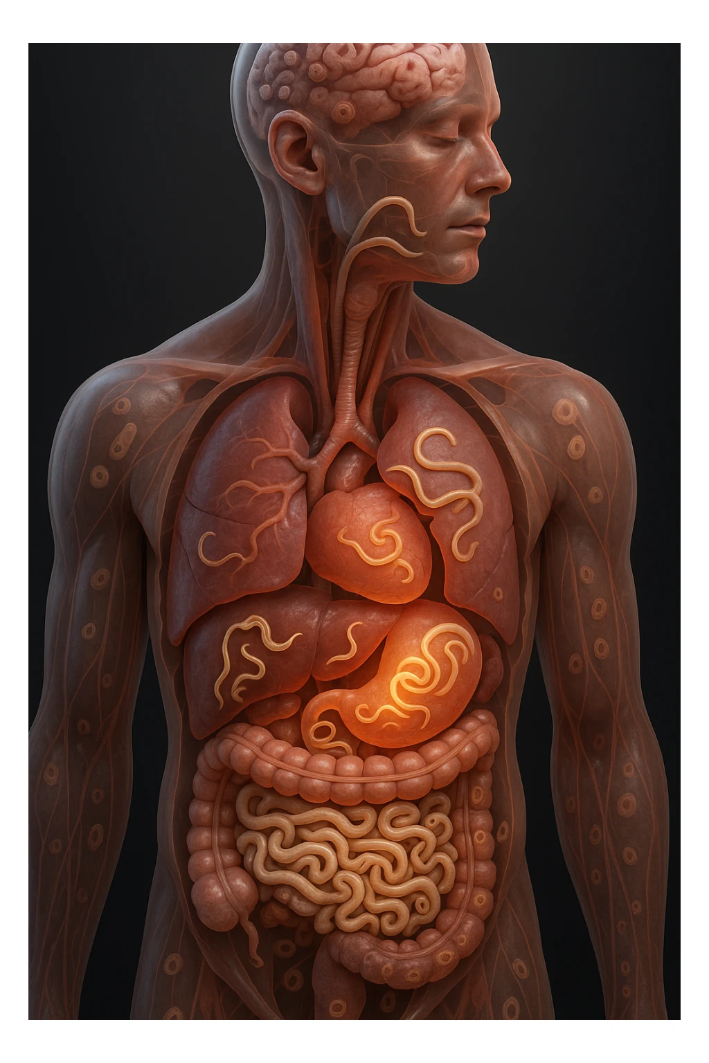 Vertical, hyper-realistic 3D cutaway illustration: the human body is shown in semi-transparent layers, exposing various types of parasites (tapeworms, roundworms, protozoa) inside the digestive tract and other organs. The parasites are rendered in vivid detail, with realistic lighting and shadows. Key areas of infection are highlighted sticker