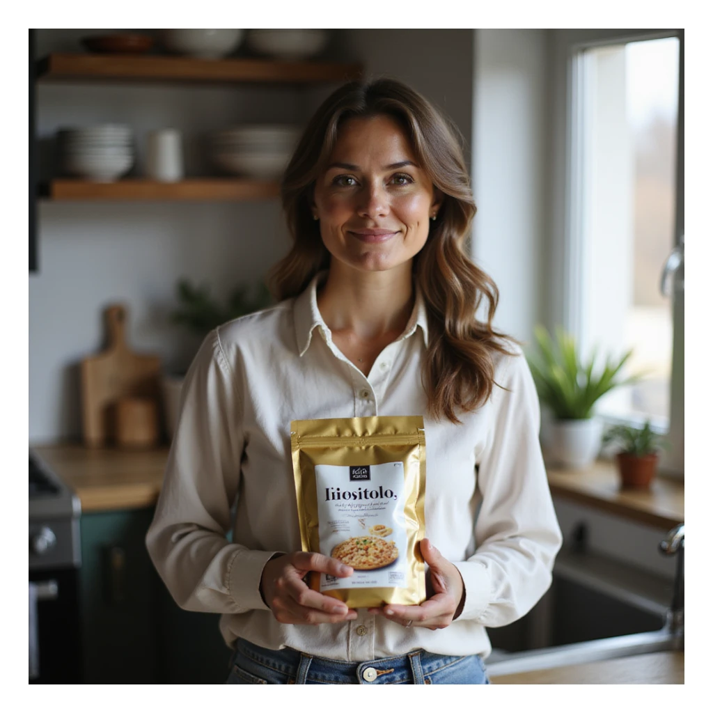 woman in kitchen holding a package with the word 'Inositolo' clearly visible, normal and serene appearance, bright environment, realistic photography, natural light sticker