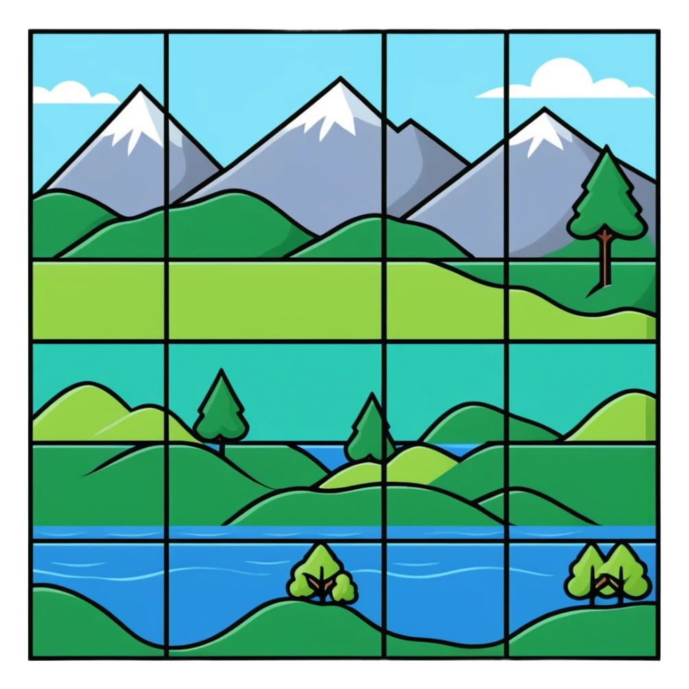 RPG terrain tileset with grass, water, forest, mountain sticker