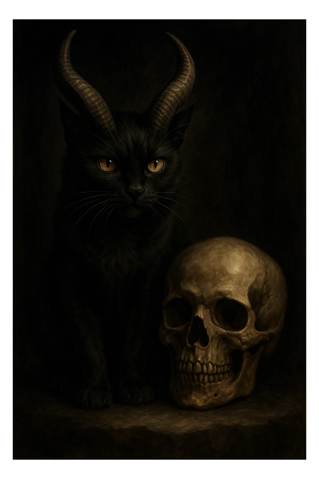 A black cat with large demon horns sitting next to a human skull, highly expressive and bold, dark and gothic atmosphere sticker