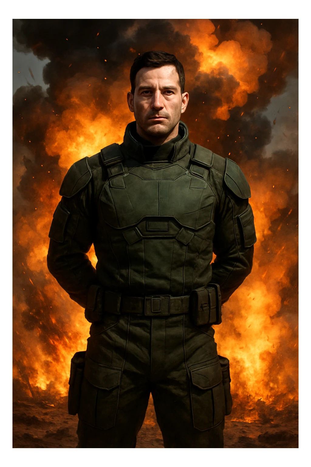 A man facing the camera, wearing dark green sci-fi military fatigues, standing with hands behind his back. Explosions and flames in the background, warzone atmosphere. sticker