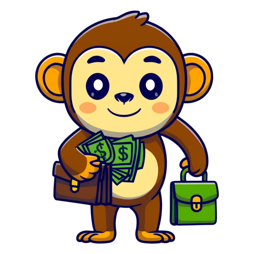 A monkey with money signs eyes carrying a briefcase fullof cash sticker