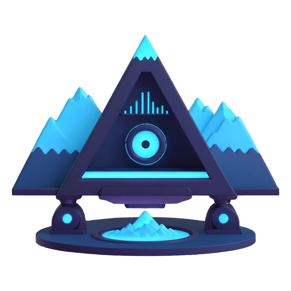 minimalist circular emoji icon for Snypex crypto bot, robotic scanner eye at center, subtle candlestick chart and mountain peak elements, glowing neon cyan and dark navy on black, futuristic clean cybernetic style, readable at small sizes, no text sticker