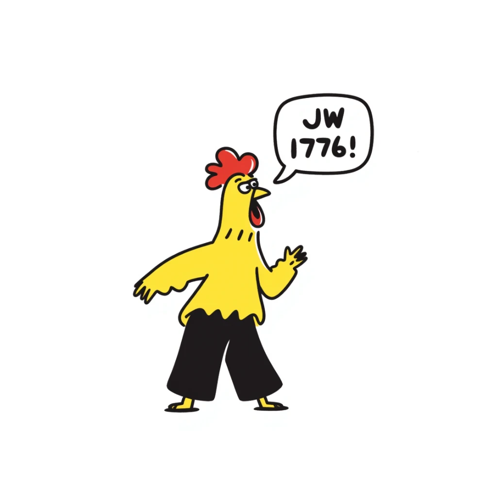 shouting yellow long neck chicken with the words 'JW 1776' in a speech bubble sticker
