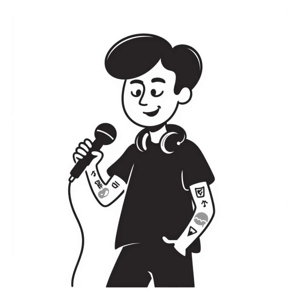 pop musician with stylish short beard, sleeve tattoos, headphones around neck, enthusiastic smile, gripping microphone with left hand and pencil with right hand sticker