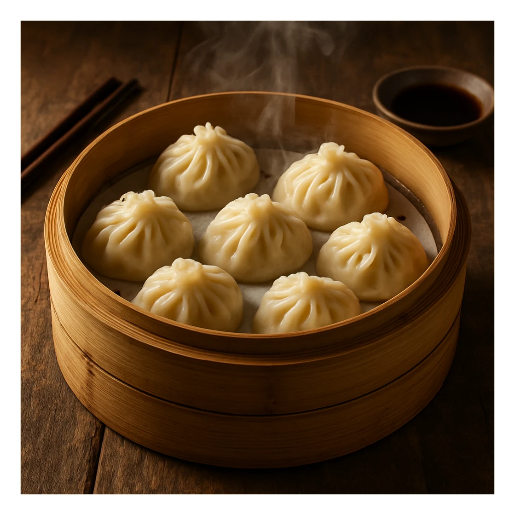 a bamboo steamer with dumplings, Chinese food sticker