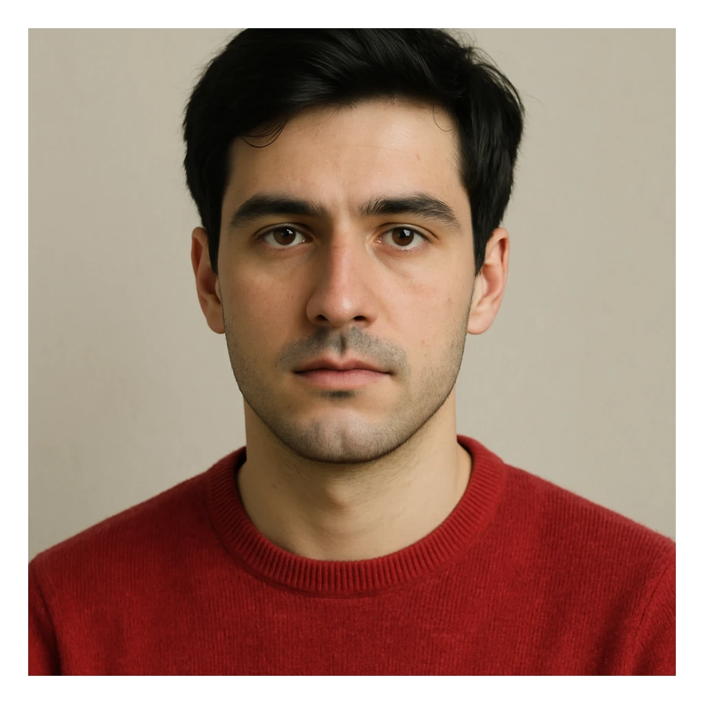 a guy with a red sweater, brown eyes, and black hair, realistic style, upper body, plain background sticker