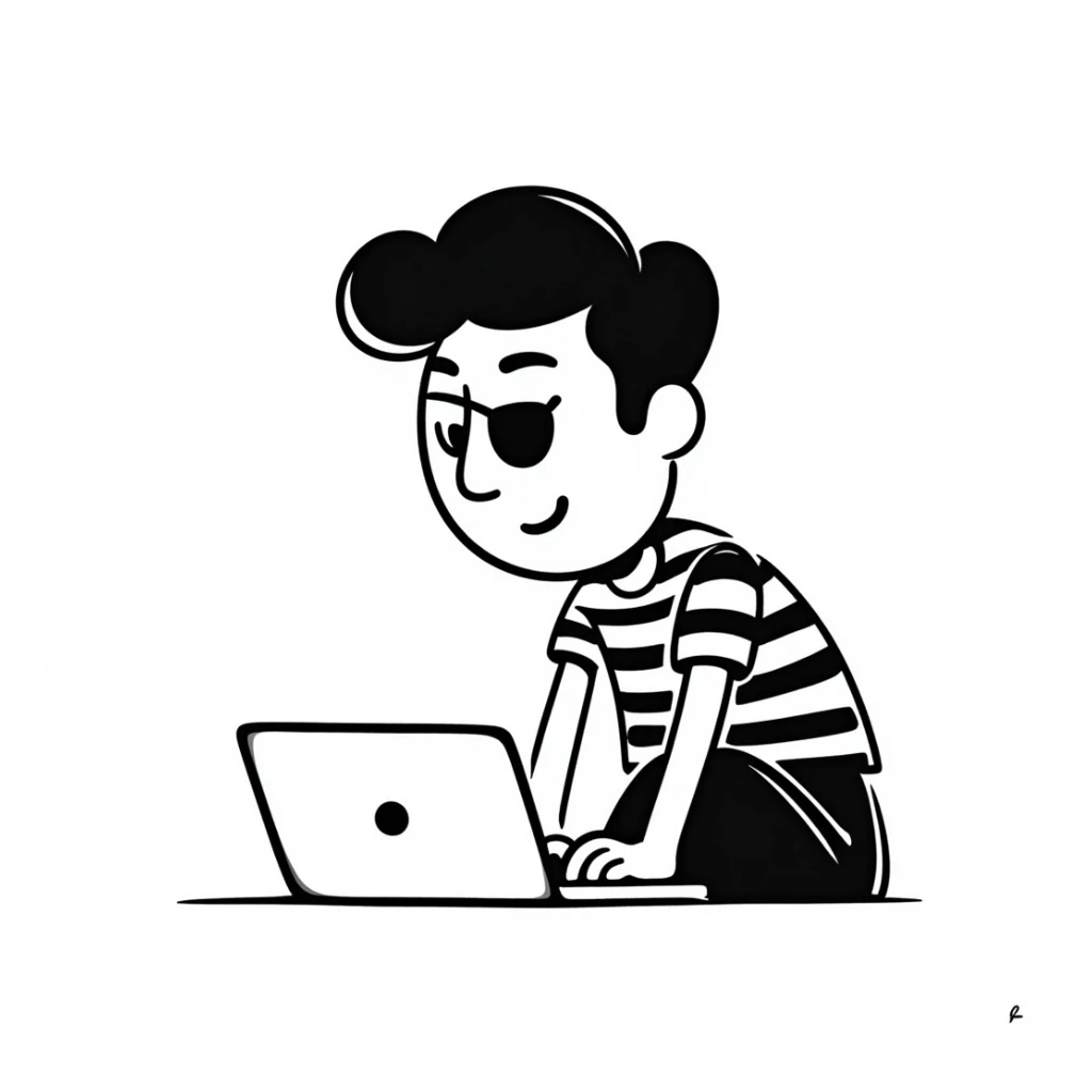 a pirate with a laptop, hand-drawn doodle style sticker