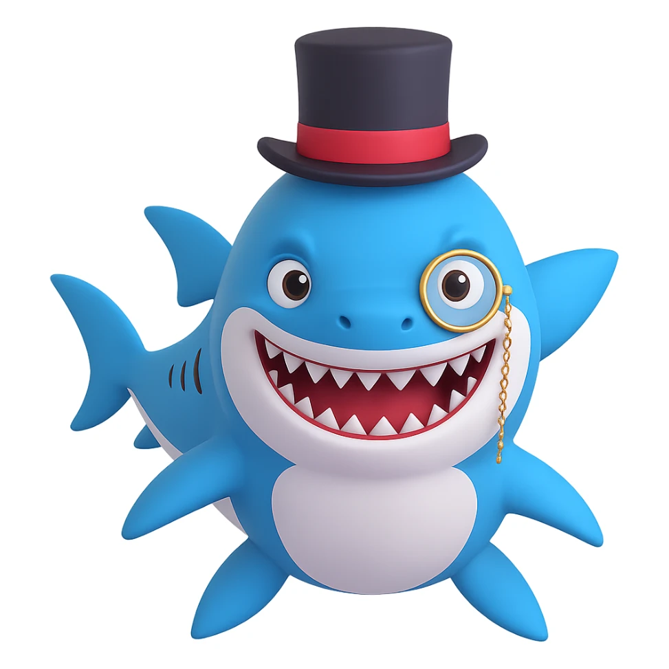 Add a monocle to the cute shark with a fancy top hat, friendly expression, no background. sticker