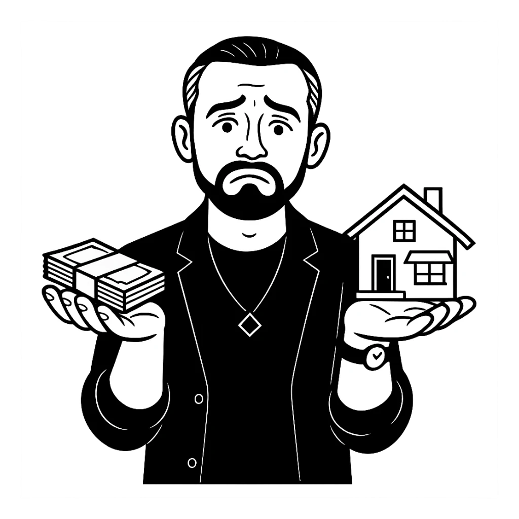 Используя такую стилистику и точно такого же героя, сгенерируй картинку. Герой грустно и вопросительно смотрит на зрителя в на одной ладони у него лежит пачка купюр, на другой стоит загородный дом, прозрачный фон sticker