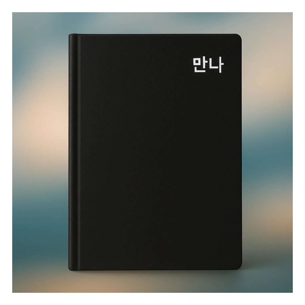 minimalist black notebook with dreamy blurred photo background, '만나' in white at the top right corner, clean and modern style sticker