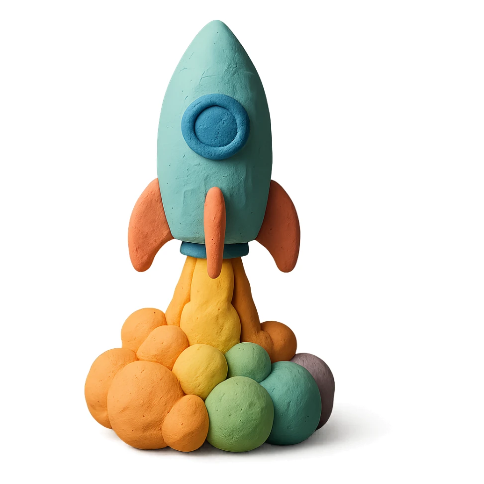 rocket ship blasting off with colorful smoke, matte finish, pastel colors, visible fingerprints, claymation style sticker