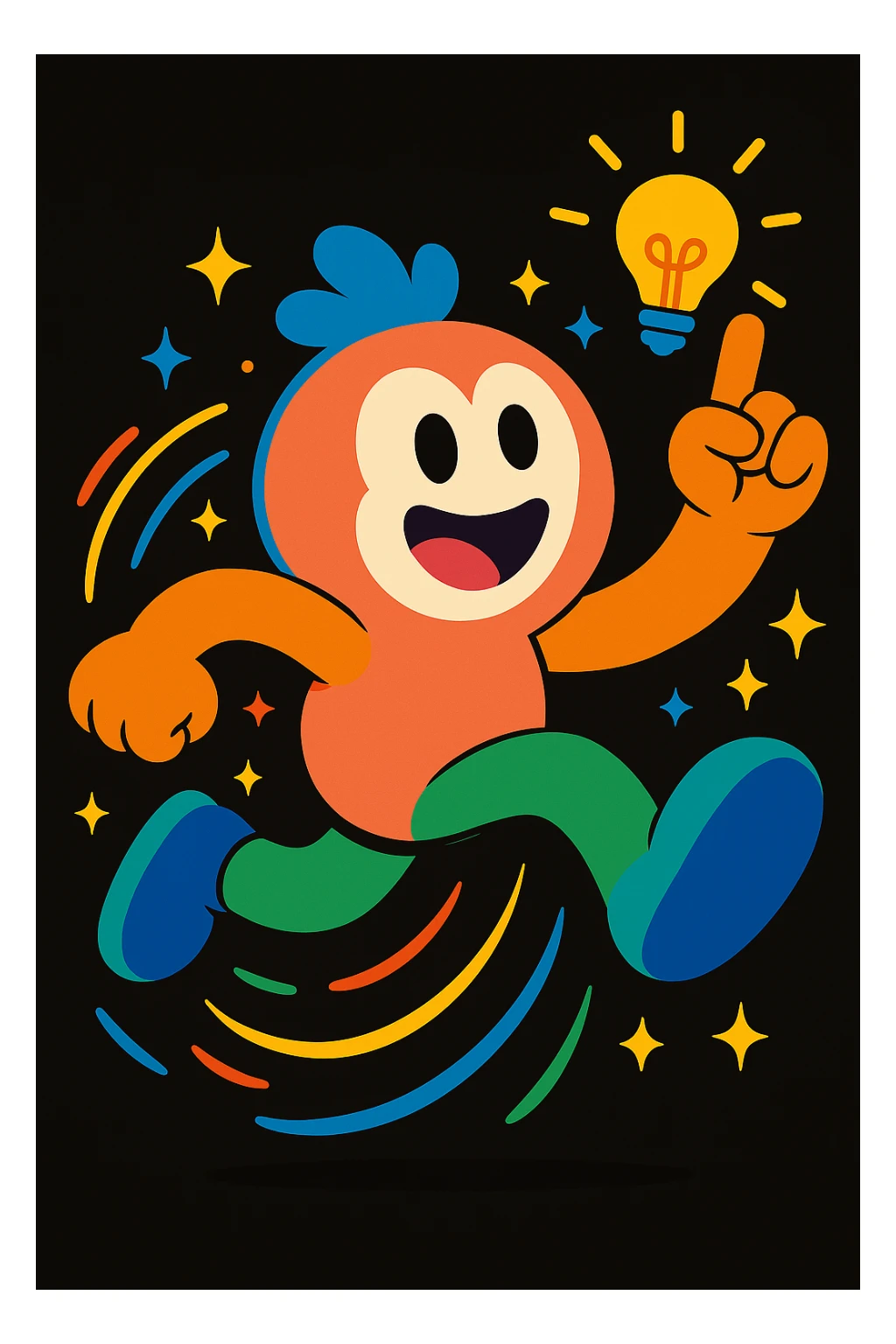 Replace the mascot in this image with the same unified mascot character used in the other two images. Maintain the colorful motion lines, sparkles, and dynamic accents to keep the playful, energetic, and imaginative vibe suitable for a black website background. sticker