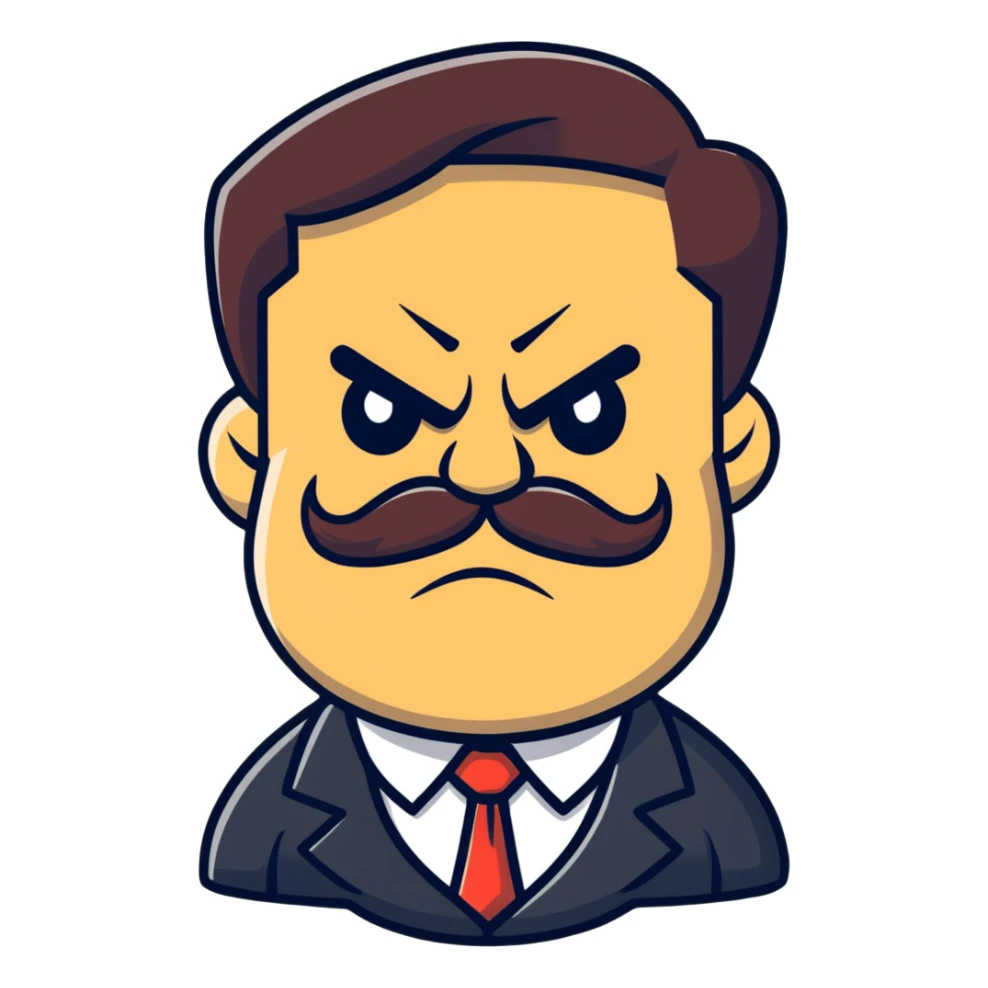 A cartoon angry boss character with a thick mustache, frowning face sticker