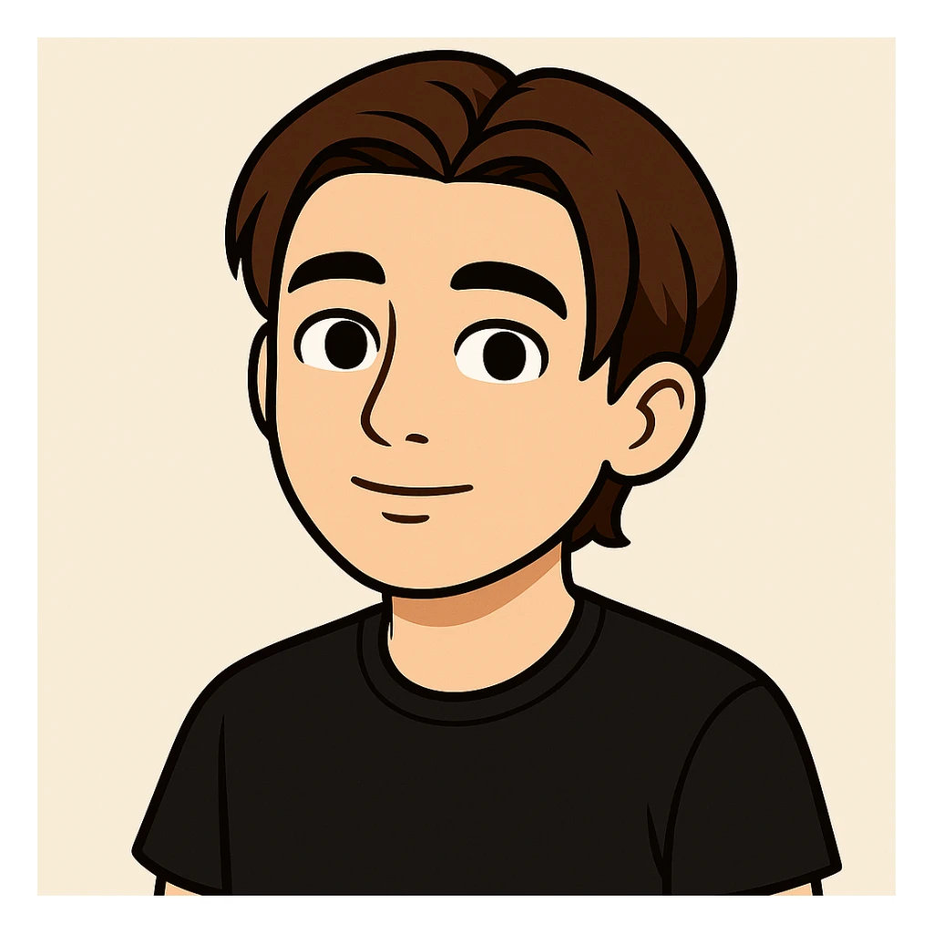 Draw the young man from the first image in the style of the second image: cartoon style that is clean, friendly, and simple. Depict him with a neutral posture and no hand gestures. Use a light background as shown in the second image. sticker