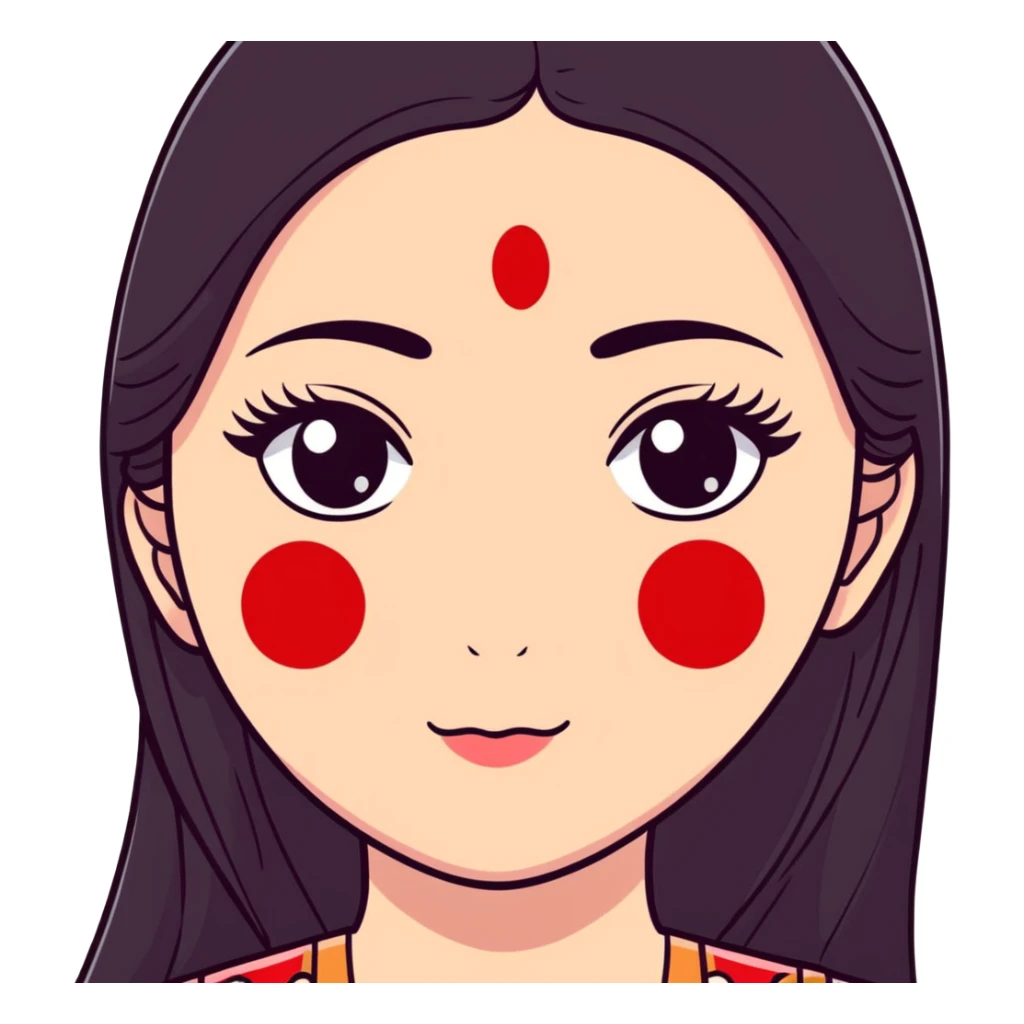 White girl with long oval shaped face, large almond shaped eyes with long eyelashes, long straight black hair falling in front of her bare shoulders, face closeup, with red and white gopi dots decorating her forehead above eyebrows sticker