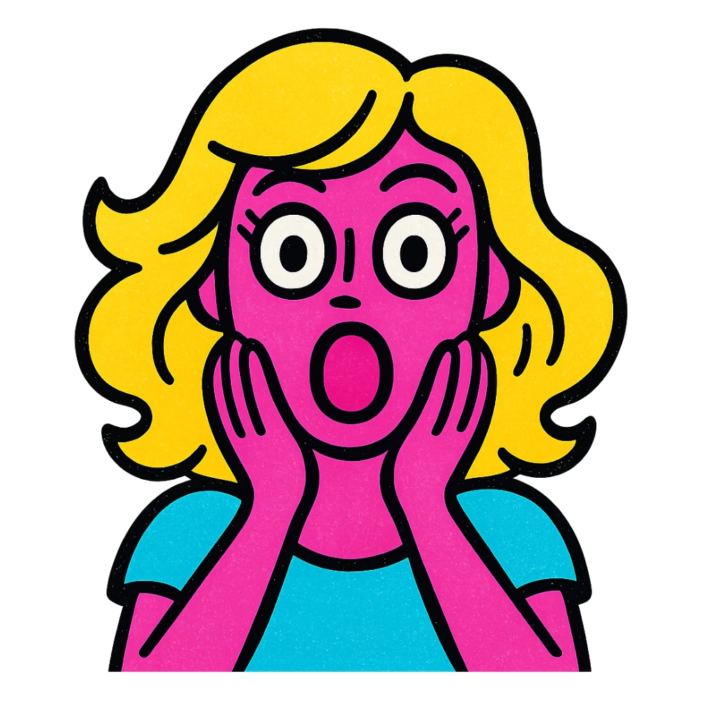 an aesthetic shocked blonde woman, bold pop colors, graphic style, expressive, clean background sticker