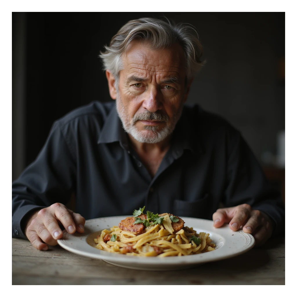 uomo di circa 20 anni, triste, che mangia un piatto di pasta, espressione triste, iperrealismo 4K, variazione 10 sticker