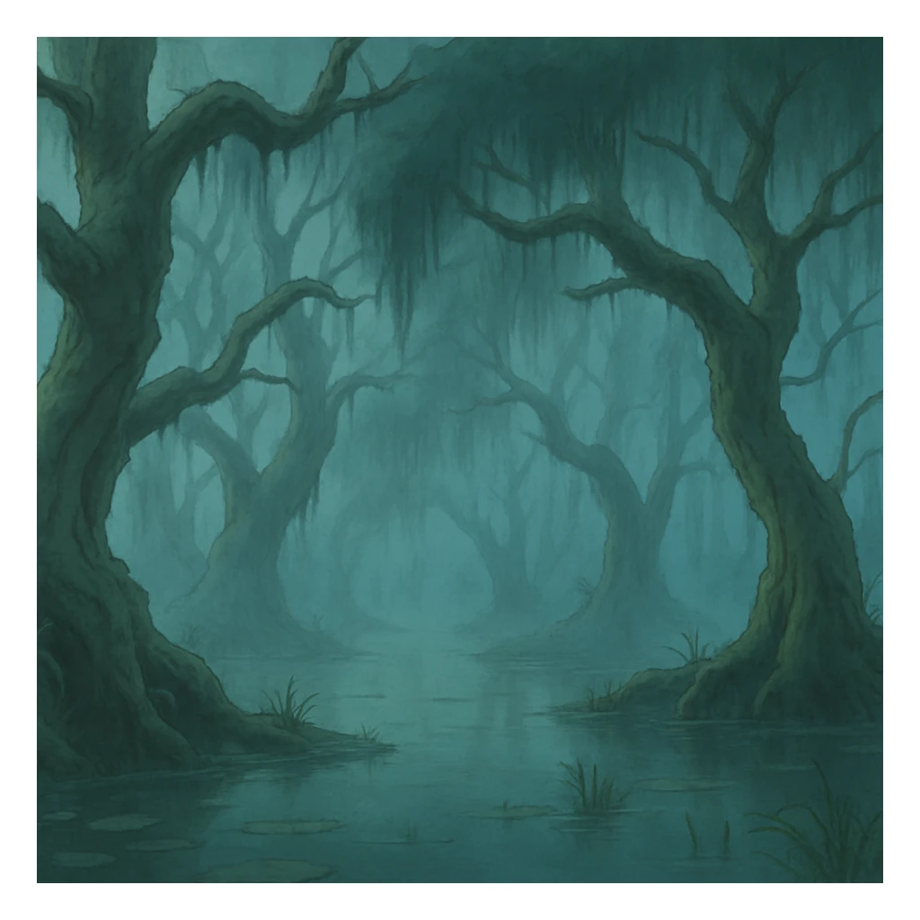 mysterious foggy swamp with twisted trees, ghibli-inspired style sticker