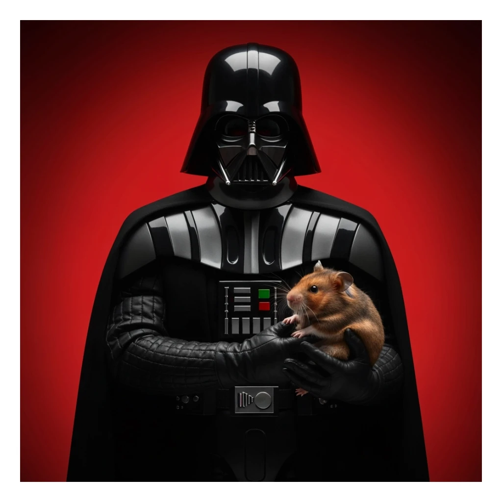 Closeup Photo of a darth vader holding big hamster, low key light, red solid background with leading lines, back light, spot light sticker