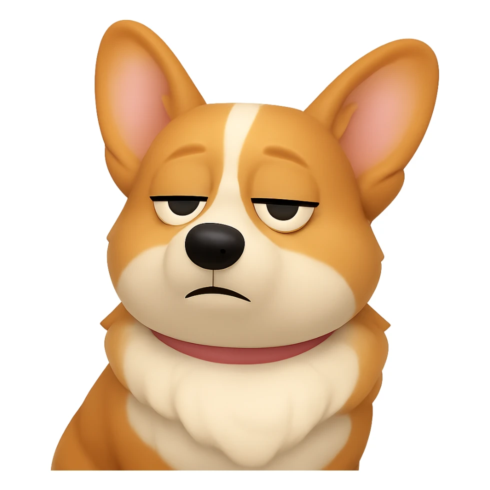 Change the corgi's facial expression to bored, with half-closed eyes and a neutral or uninterested mouth. The style should resemble 3D emoji style with a transparent background. sticker