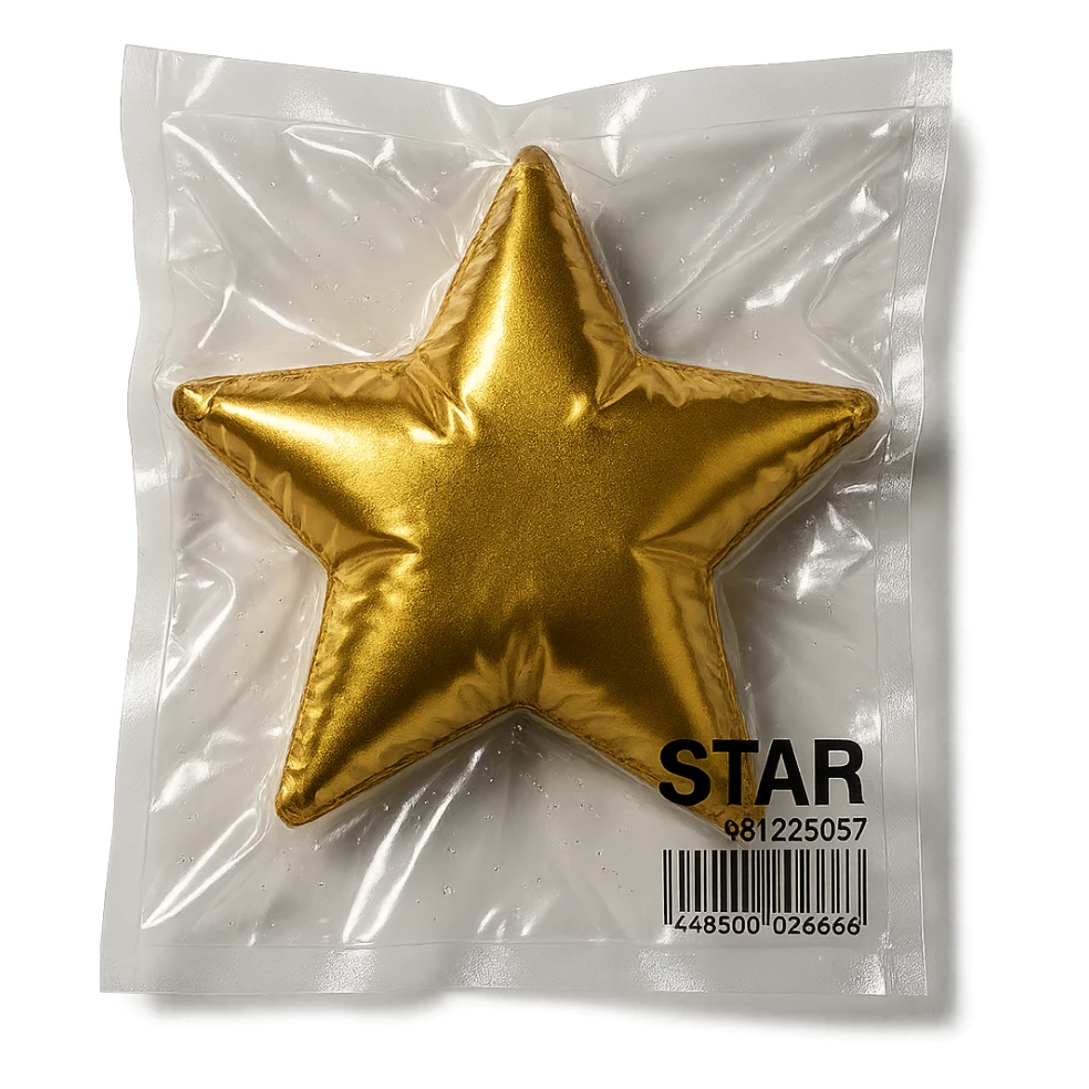 star, metallic and inflated appearance, vacuum-sealed style sticker