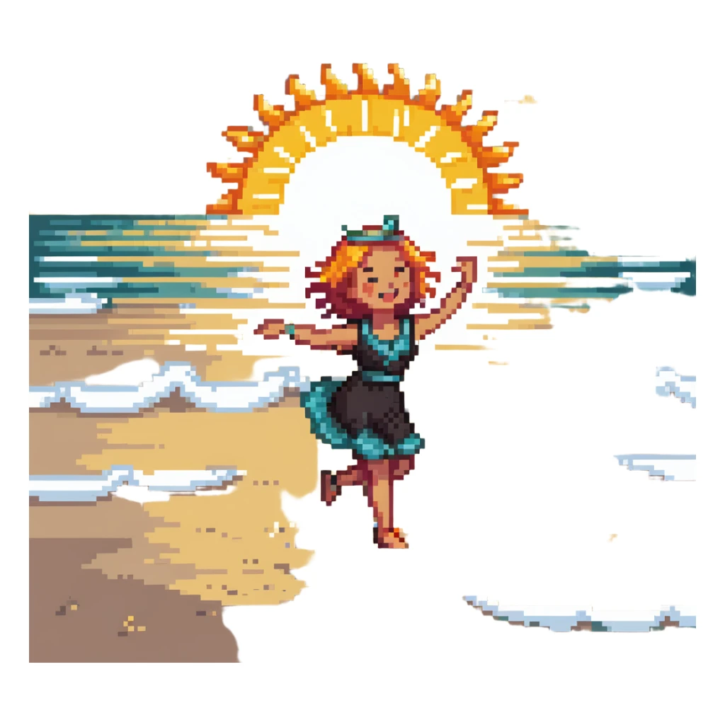 Cheerful beach character dancing on sand with ocean waves and sun, highlighted sticker