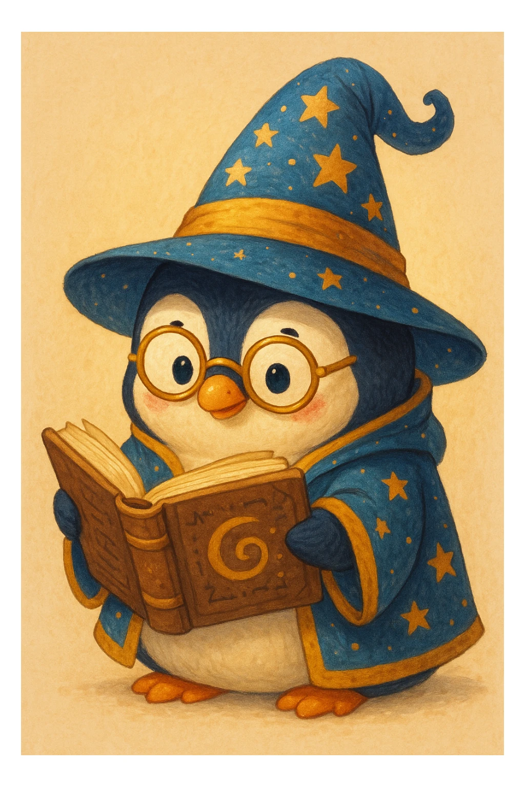 a chubby penguin wizard with glasses, reading a spellbook, whimsical style sticker