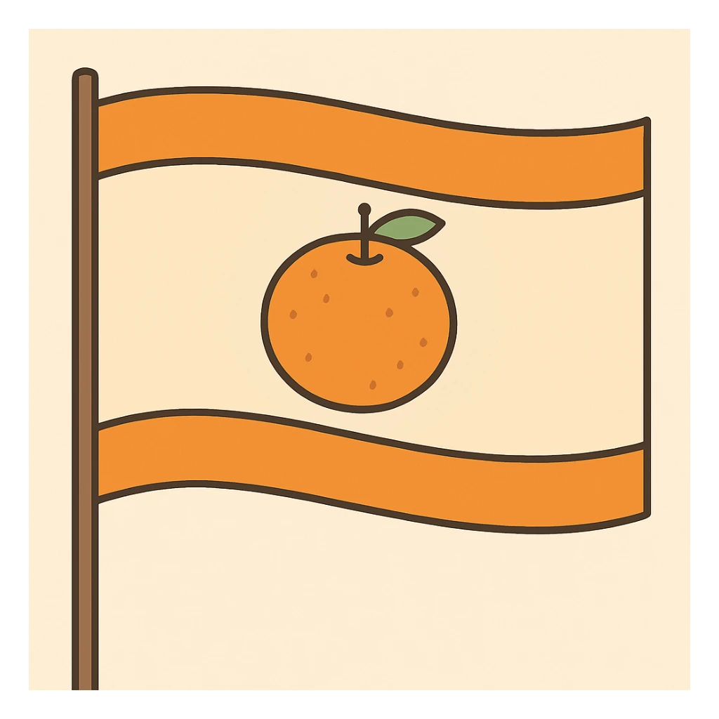 Reduce the size of the mandarin, remove any human elements, make the background white, and keep the flag style with orange stripes at the top and bottom. Maintain the overall composition and style as in the original image. sticker