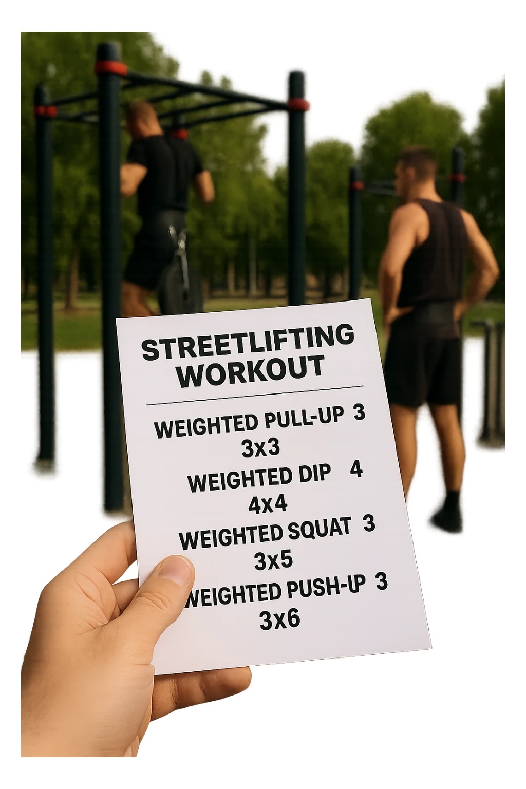 a close-up of a hand holding a printed streetlifting workout routine, with the exercises and sets written in bold text. In the background, an outdoor gym with pull-up bars, dip stations, and athletes wearing weighted belts. The lighting is natural, and the mood is motivational. sticker