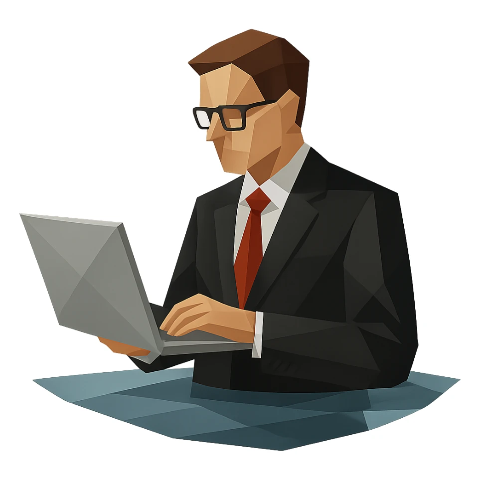Businessman in black suit and glasses stands waist-deep with computer sticker