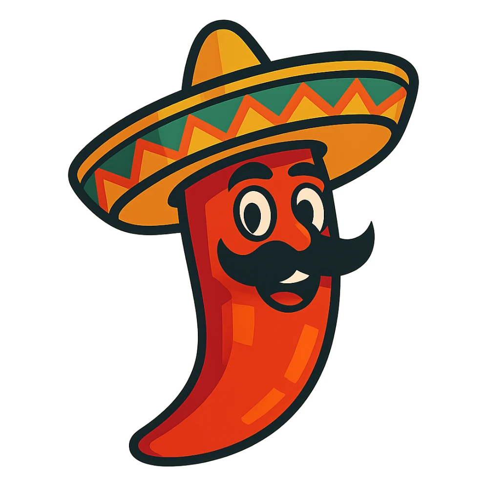 vibrant toon style red chile pepper with a sombrero and a Mexican moustache sticker