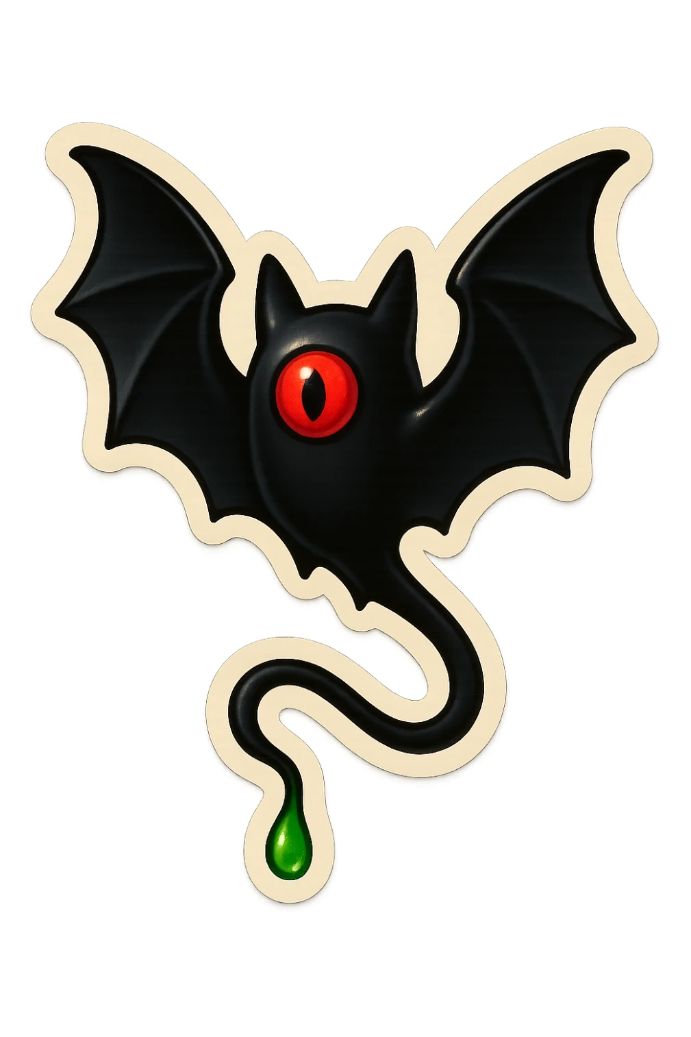 an all black bat-like creature. One cyclopian red eye in its face. no visible mouth or ears. has a long tale with a stinger that drips green poison sticker