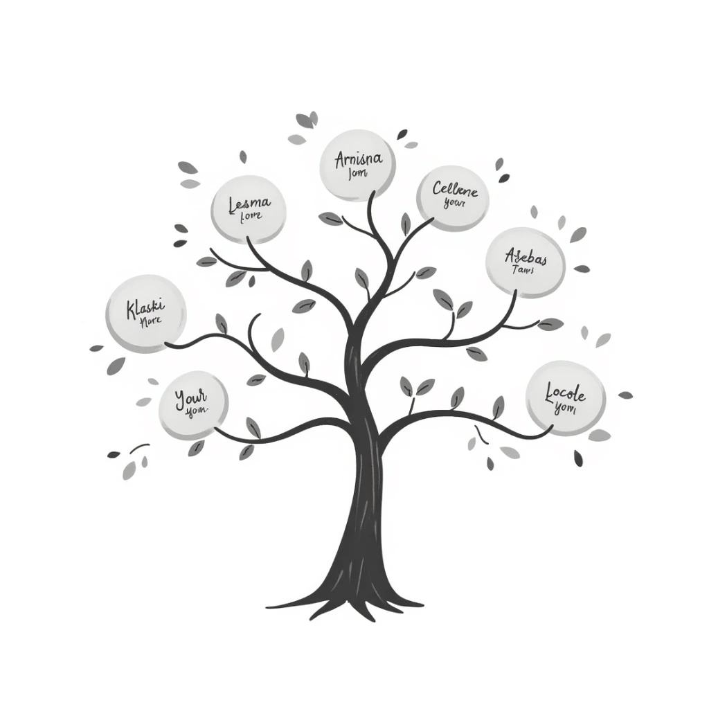 Hand-drawn ethereal family tree with delicate flowing lines connecting ancestor circles, dreamy watercolor-like effects sticker