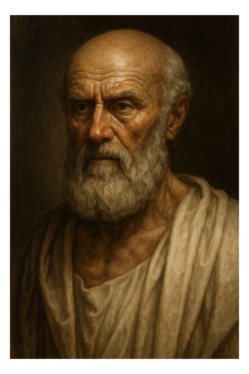 realistic, vertical portrait of Hippocrates, ancient Greek physician, with a wise and serious expression, dramatic light, 2:3 aspect ratio sticker