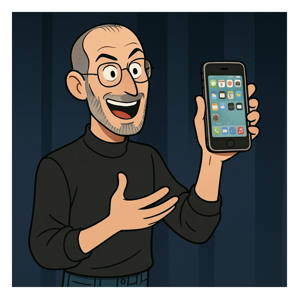Steve Jobs, presenting on stage, holding iPhone, energetic expression sticker